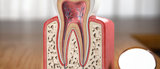 Dental model showing tooth roots and nerves, used to explain root canal treatment in Gresham, OR