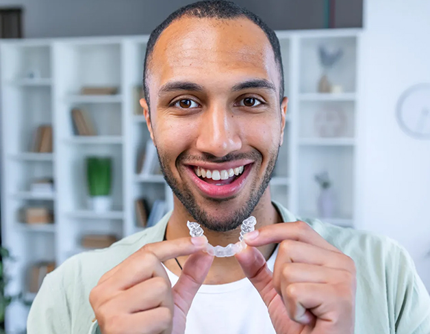 Gresham Advanced Dentistry – Invisalign Clear Aligners Patient holding an Invisalign clear aligner at Gresham Advanced Dentistry in Gresham, OR
