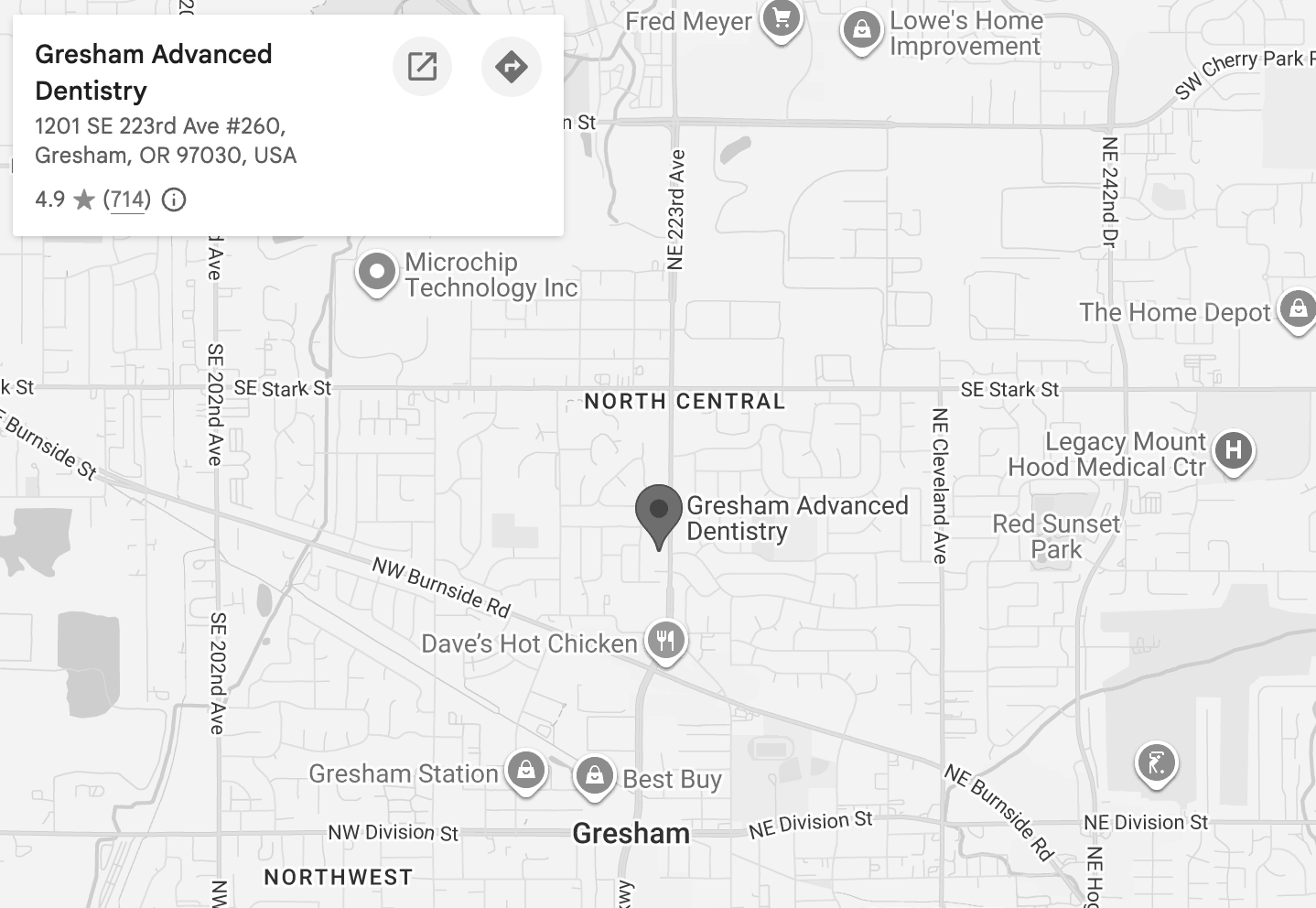 gad-awb-map-east-portland Map showing Gresham Advanced Dentistry at 1201 SE 223rd Ave #260, Gresham, OR
